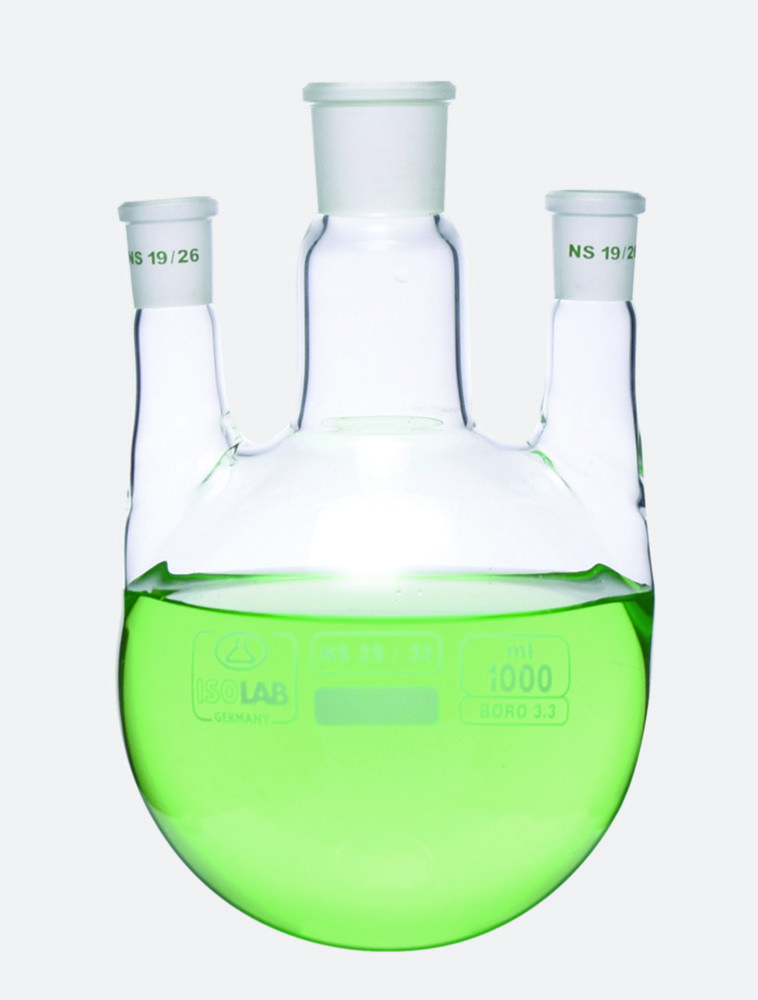 Dreihals-Rundkolben mit Normschliff, mit parallelen Seitenhälsen, Borosilikatglas 3.3